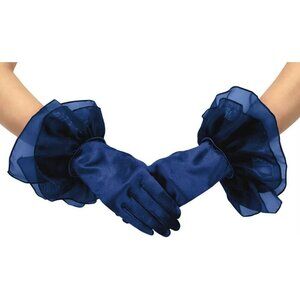 Women's Ruffled Evening Navy Blue Short Satin Formal Gloves Costume Accessories